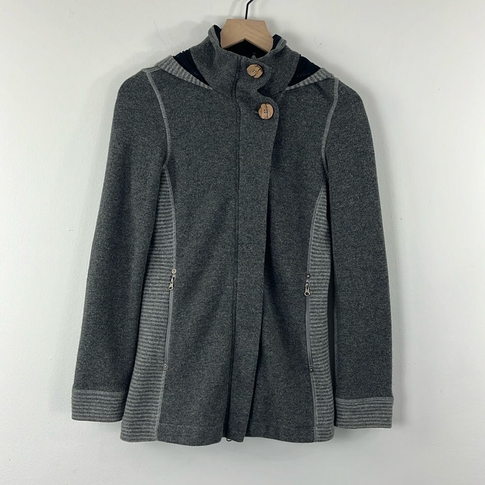 Prana Kari Grey Wool Blend Hooded Zip Sweater Jacket Pockets Womens Size XS